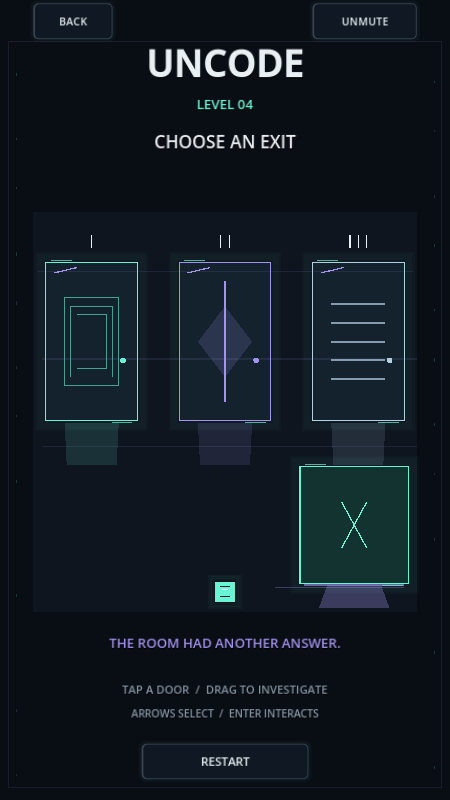 Actual development screenshot from UNCODE Game showing the fourth-door puzzle